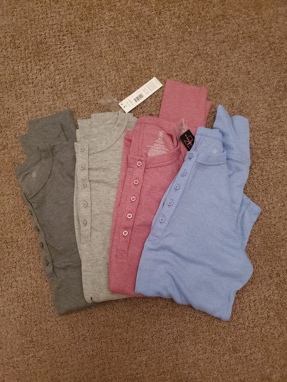 Women's Ribbed Button Henley Tops- Pink, Blue, Gray, Charcoal